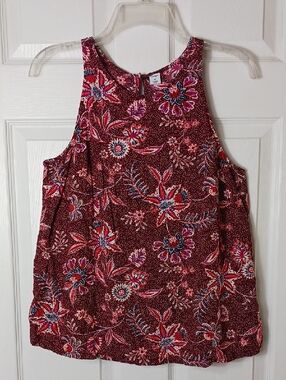Maroon Floral Paisley Sleeveless Blouse Tank Top Keyhole Back Boho Flowy Size M